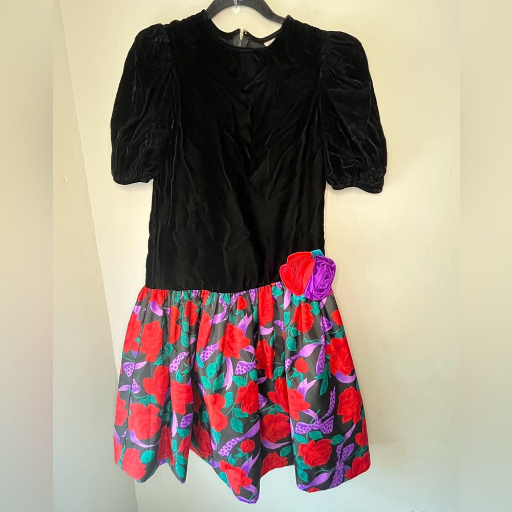 Vintage 80s Velvet Floral Party Dress Girls Size 14 Dorissa Nicole International